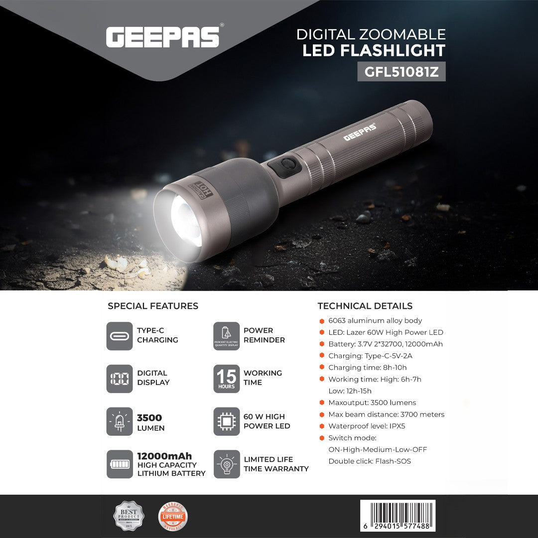 Geepas Digital Zoomable LED Flashlight- GFL51081Z/ 60W Laser High-Power LEDs, Perfect for Indoor and Outdoor Use, 15 Hours Continuous Working, 2 Modes