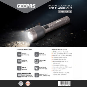 Geepas Digital Zoomable LED Flashlight- GFL51081Z/ 60W Laser High-Power LEDs, Perfect for Indoor and Outdoor Use, 15 Hours Continuous Working, 2 Modes