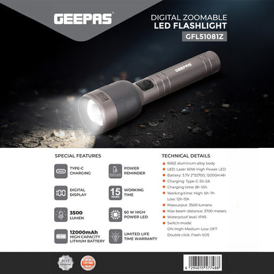 Geepas Digital Zoomable LED Flashlight- GFL51081Z/ 60W Laser High-Power LEDs, Perfect for Indoor and Outdoor Use, 15 Hours Continuous Working, 2 Modes