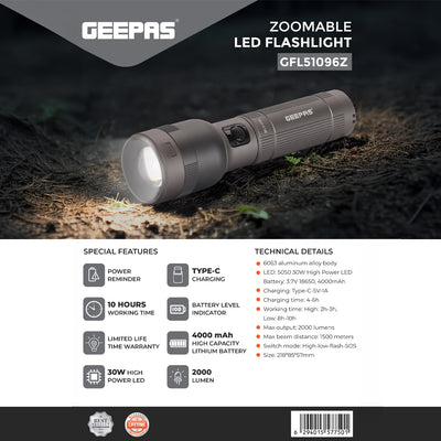 Geepas Zoomable LED Flashlight GFL51096Z| 30W, 2000 Lumens, 10H Continuous Use| Lithium Battery with Power Reminder & Indicator | Indoor & Outdoor Use | Lifetime Warranty