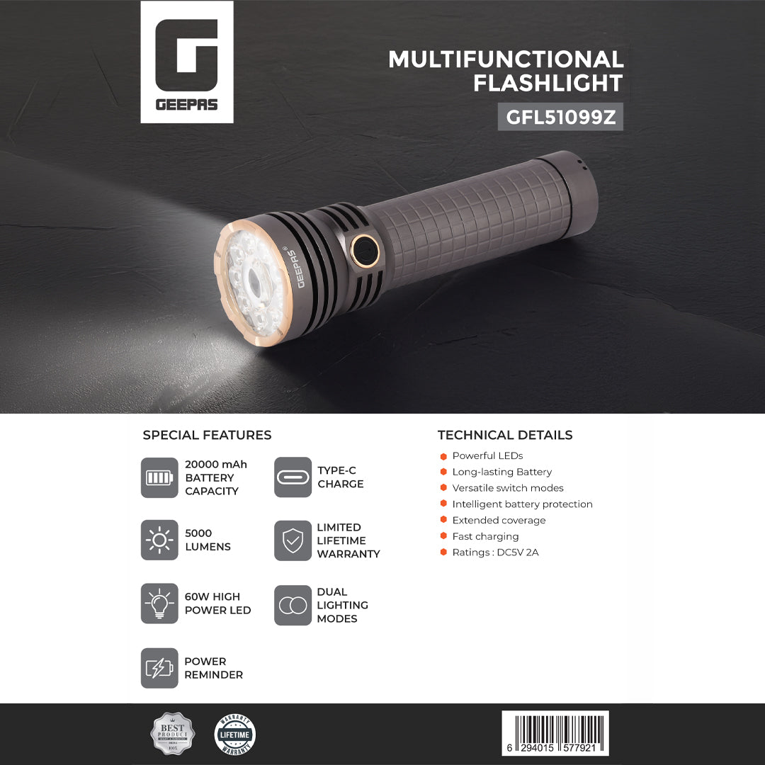 Geepas GFL51099 Multifunctional Flashlight – 60W LED, 5000 Lumens, Dual Modes, Type-C Fast Charging, Portable for Indoor/Outdoor Use, Grey, Lifetime Warranty