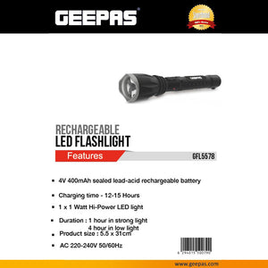 Geepas GFL5578 Rechargeable LED Flashlight| 1W High-Power LED Torch with Rechargeable Battery | Dual lighting modes  |Comfortable handheld grip |Durable & portable design