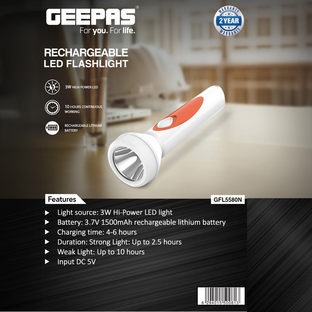 Geepas GFL5580 Rechargeable LED Flashlight | 3W High-Power LED | 1500mAh Lithium Battery | Fast charging in 4–6 hours | USB-powered charging | Energy-efficient Light