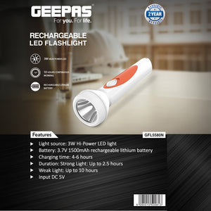 Geepas GFL5580 Rechargeable LED Flashlight | 3W High-Power LED | 1500mAh Lithium Battery | Fast charging in 4–6 hours | USB-powered charging | Energy-efficient Light