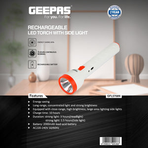 Geepas GFL5708 Rechargeable LED Torch with Side Light | 2000mAh Battery | Emergency Flashlight | Ergonomic & lightweight design |Ideal for home & outdoor activities