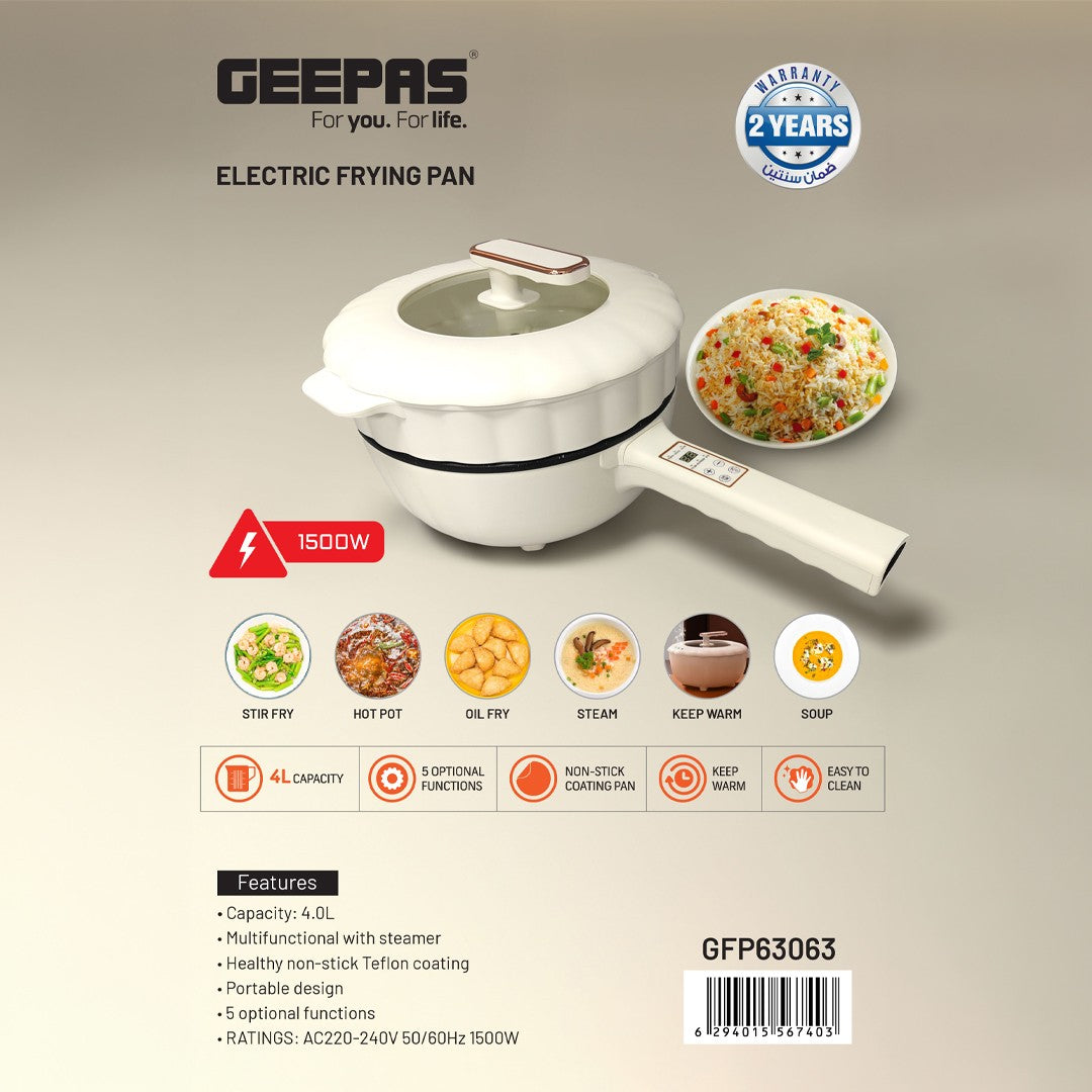 Geepas GFP63063 1500W Electric Frying Pan | 4L Capacity | Non-Stick Teflon Coating| Multifunction Cooking Modes & Steamer for Frying, Steaming and Hot Pot Cooking