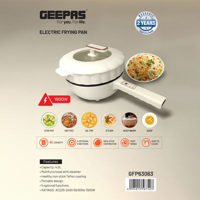 Geepas GFP63063 1500W Electric Frying Pan | 4L Capacity | Non-Stick Teflon Coating| Multifunction Cooking Modes & Steamer for Frying, Steaming and Hot Pot Cooking