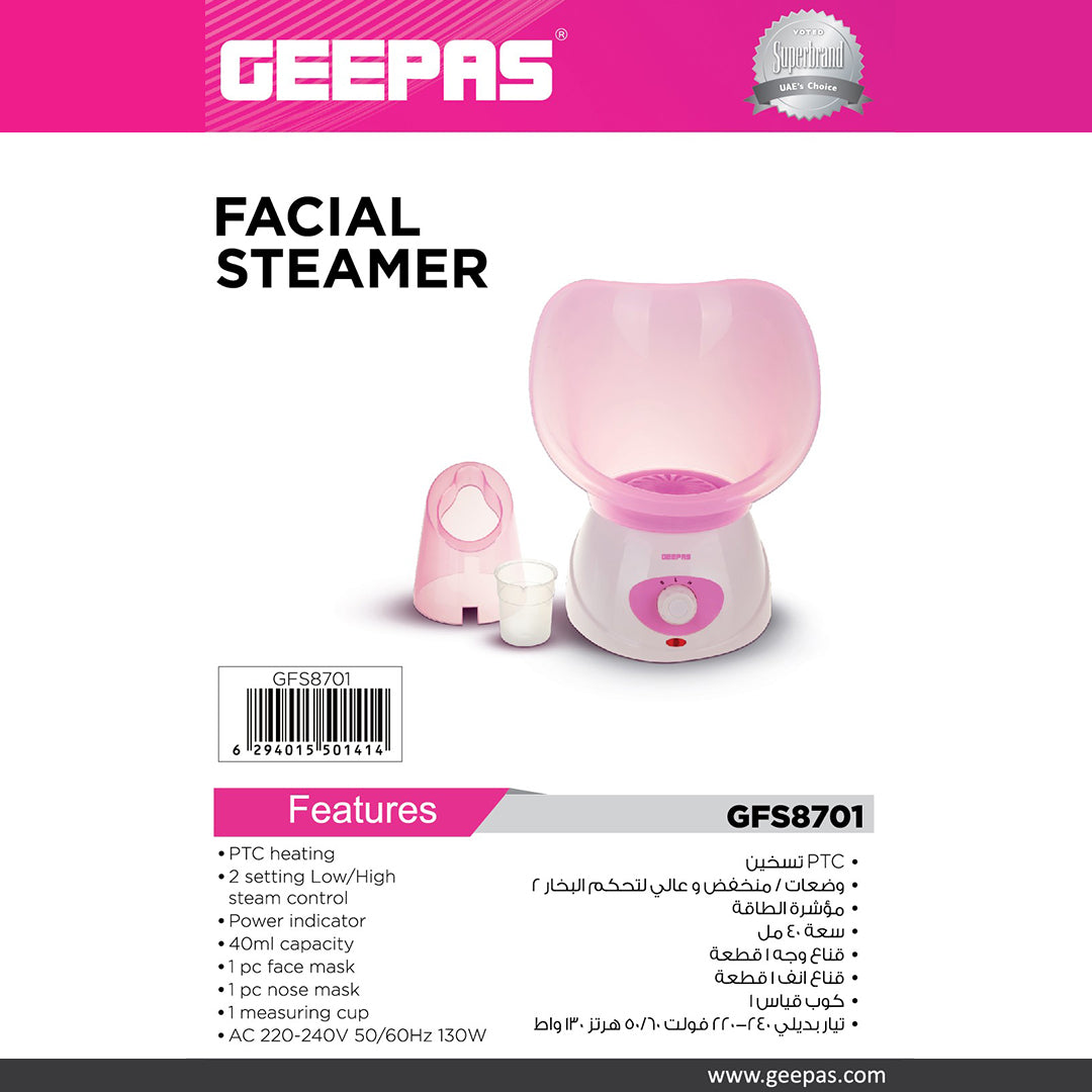 Geepas GFS8701 Facial Steamer | PTC Heating| 2 Steam Settings| 40ml Capacity| Face & Nose Mask| 130W Portable Facial Steaming Device for Deep Cleansing & Home Spa Care