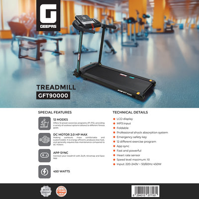 Geepas GFT90000 Foldable Treadmill | 2HP DC Motor, 12 Preset Workout Programs| LCD Display| MP3 Input| Heart Rate Sensor| Shock Absorption System | 2 Years Warranty