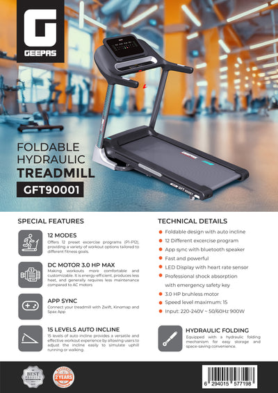 Geepas GFT90001 Foldable Hydraulic Treadmill | 3HP Brushless DC Motor| 15-Level Auto Incline| 12 Preset Programs| LED Display| Bluetooth App Sync & 2 Years Warranty
