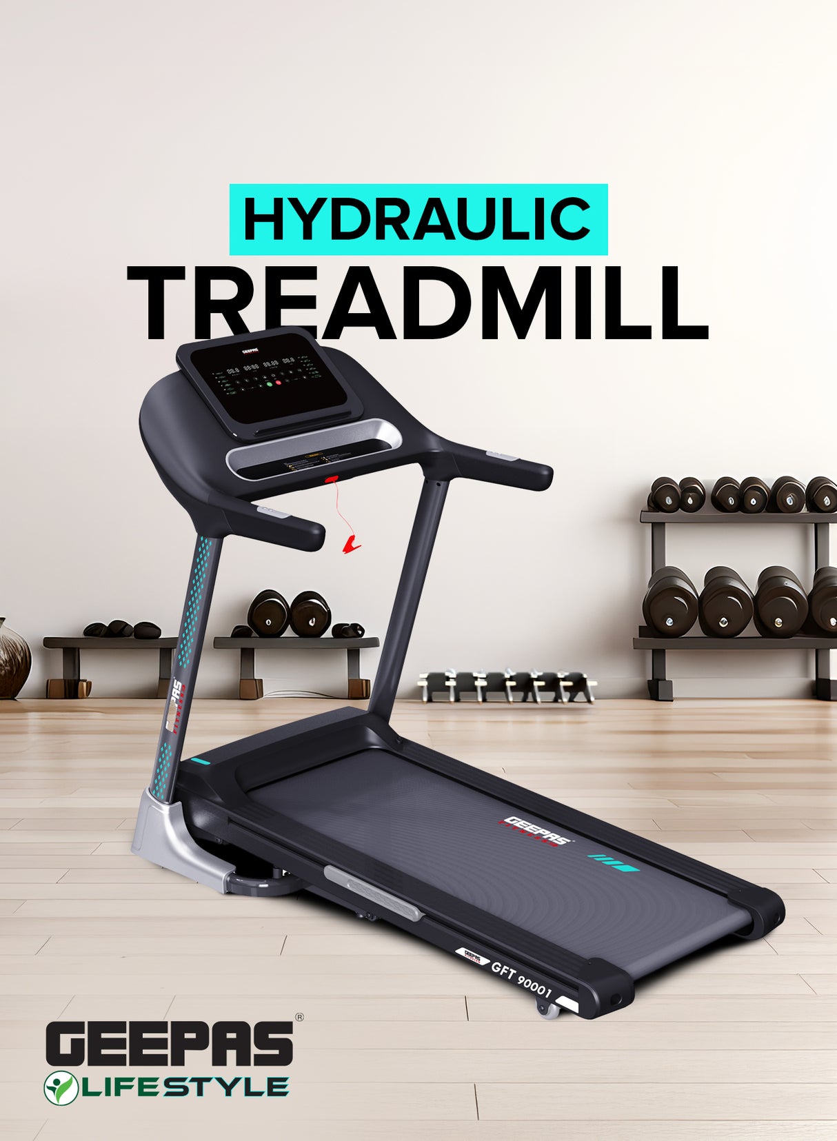 Geepas Foldable Hydraulic Treadmill- GFT90001/ with 12 Modes, 15 Levels Auto Incline, Perfect for Home Workouts, Gym Training, Weight Loss/ Black
