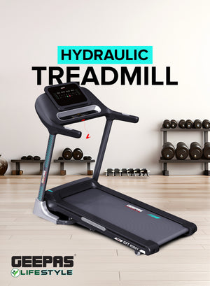 Geepas Foldable Hydraulic Treadmill- GFT90001/ with 12 Modes, 15 Levels Auto Incline, Perfect for Home Workouts, Gym Training, Weight Loss/ Black