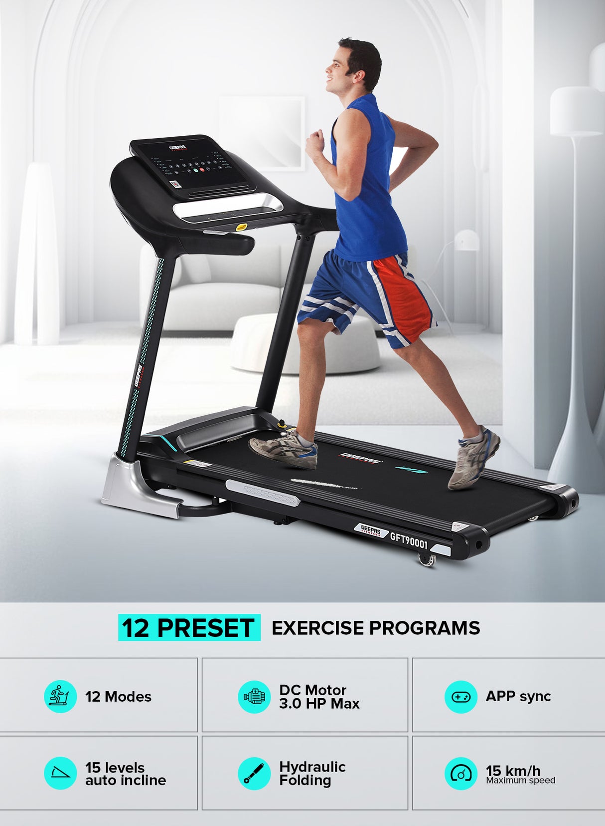 Geepas Foldable Hydraulic Treadmill- GFT90001/ with 12 Modes, 15 Levels Auto Incline, Perfect for Home Workouts, Gym Training, Weight Loss/ Black