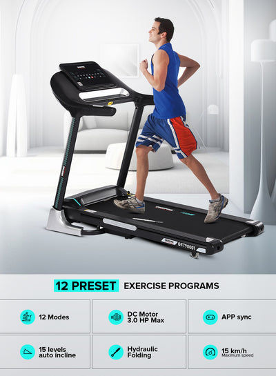 Geepas Foldable Hydraulic Treadmill- GFT90001/ with 12 Modes, 15 Levels Auto Incline, Perfect for Home Workouts, Gym Training, Weight Loss/ Black