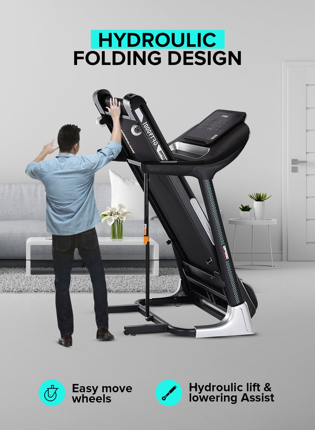 Geepas Foldable Hydraulic Treadmill- GFT90001/ with 12 Modes, 15 Levels Auto Incline, Perfect for Home Workouts, Gym Training, Weight Loss/ Black