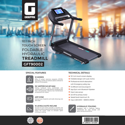 Geepas GFT90002 10.1 Inch Touch Screen Foldable Hydraulic Treadmill | 3HP Brushless Motor| 15-Level Auto Incline| 12 Preset Programs| Bluetooth App Sync| 2 Years Warranty