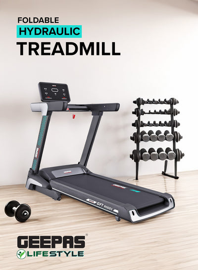 Geepas Foldable Hydraulic Treadmill- GFT90003/ with 12 Modes, 15 Levels Auto Incline, Spacious and Easy/ Perfect for Home Workouts, Gym Training, Weight Loss/ Black