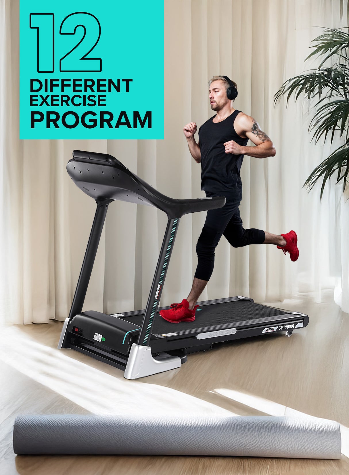 Geepas Foldable Hydraulic Treadmill- GFT90003/ with 12 Modes, 15 Levels Auto Incline, Spacious and Easy/ Perfect for Home Workouts, Gym Training, Weight Loss/ Black