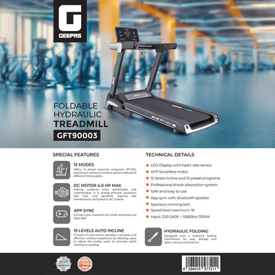 Geepas GFT90003 Foldable Hydraulic Treadmill |4HP Brushless DC Motor| 15-Level Auto Incline| 12 Preset Workout Programs| LED Display| Bluetooth App Sync| 2 Years Warranty