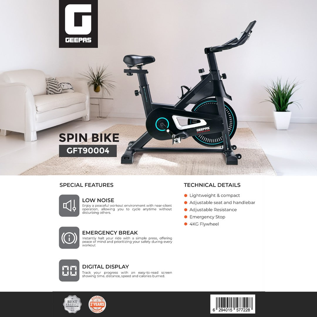 Geepas GFT90004 Spin Bike | 4kg Flywheel & Digital Display | Adjustable Resistance | Adjustable Handlebar & Seat | Digital Display | Low-Noise Operation | Lightweight