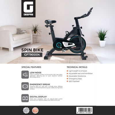 Geepas GFT90004 Spin Bike | 4kg Flywheel & Digital Display | Adjustable Resistance | Adjustable Handlebar & Seat | Digital Display | Low-Noise Operation | Lightweight