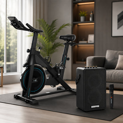 Geepas Spin Bike and Bluetooth Speaker Combo | Digital Display| Low-Noise Cycling| Bluetooth App Support | UHF Wireless Mic |  Perfect Fitness & Entertainment Set
