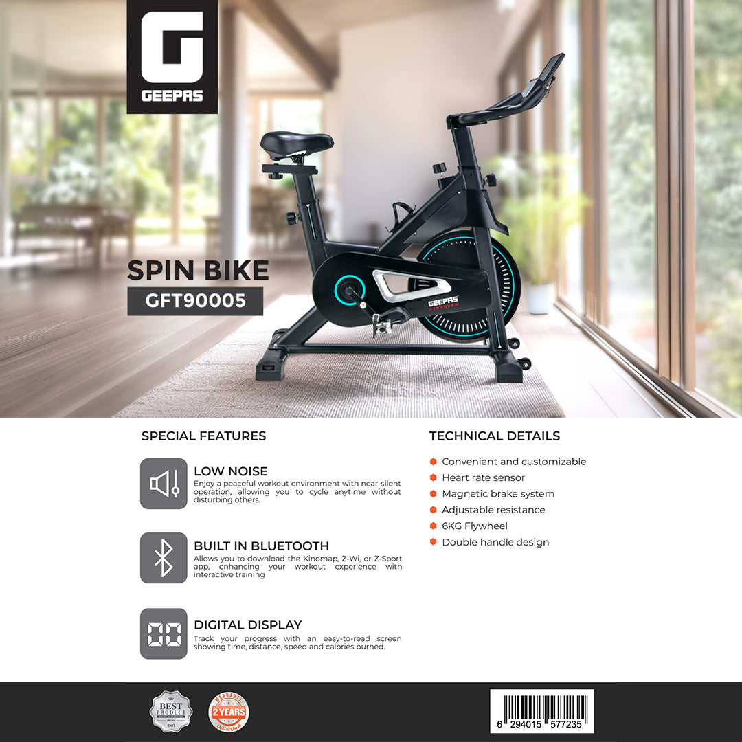 Geepas GFT90005 Bluetooth Spin Bike | Magnetic Brake System| Heart Rate Sensor| Adjustable Resistance| Digital Display| 6KG Flywheel | Low Noise | 2 Years Warranty