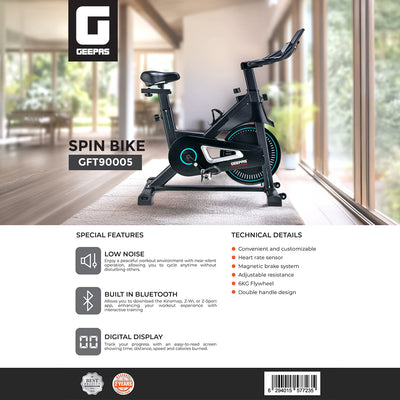 Geepas GFT90005 Bluetooth Spin Bike | Magnetic Brake System| Heart Rate Sensor| Adjustable Resistance| Digital Display| 6KG Flywheel | Low Noise | 2 Years Warranty