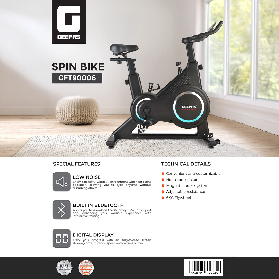 Geepas GFT90006 Bluetooth Spin Bike | 6KG Flywheel | Magnetic Brake System | Heart Rate Sensor | Adjustable Resistance| Digital Display| Low Noise| 2 Years Warranty