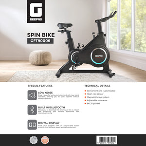 Geepas GFT90006 Bluetooth Spin Bike | 6KG Flywheel | Magnetic Brake System | Heart Rate Sensor | Adjustable Resistance| Digital Display| Low Noise| 2 Years Warranty