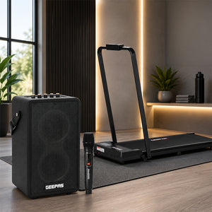 Geepas Fitness & Entertainment Combo | GFT90007 Treadmill with Remote + GMS11202 70W Bluetooth Speaker with UHF Mic | Silent Workout, Music Playback & LED Party Lights