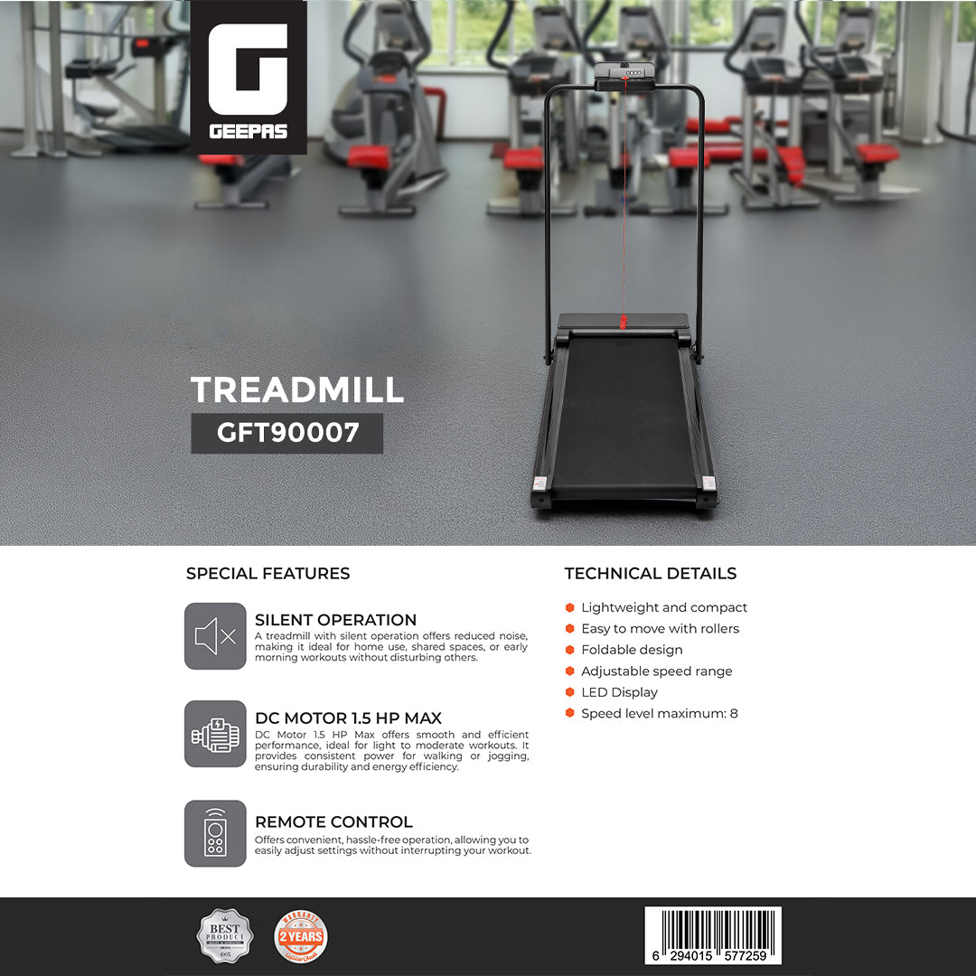 Geepas GFT90007 Foldable Treadmill | 1.5HP DC Motor| LED Display| Remote Control| 8 Speed Levels| Silent Operation | Compact & Lightweight Design | 2 Years Warranty