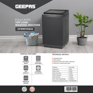 Geepas GFWM1109LCS Fully Automatic Top Load Washing Machine | 10kg Capacity| 550W | LED Display| Diamond Drum| Strong Pulsator| Premium Metal Body| 1-Year Warranty