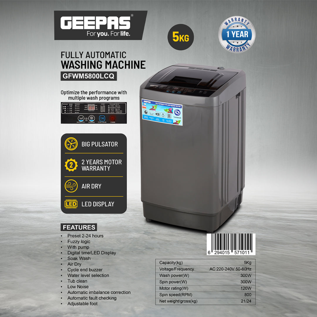 Geepas GFW5800LCQ Fully Automatic Washing Machine | 5kg Capacity| 300W Wash Power| LED Display| Fuzzy Logic| Air Dry| Big Pulsator| Low Noise| 2 Year Motor Warranty
