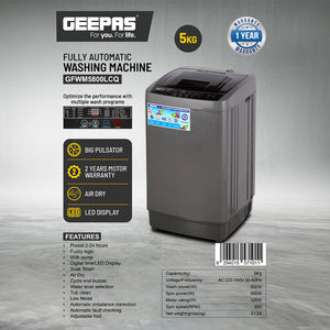 Geepas GFW5800LCQ Fully Automatic Washing Machine | 5kg Capacity| 300W Wash Power| LED Display| Fuzzy Logic| Air Dry| Big Pulsator| Low Noise| 2 Year Motor Warranty