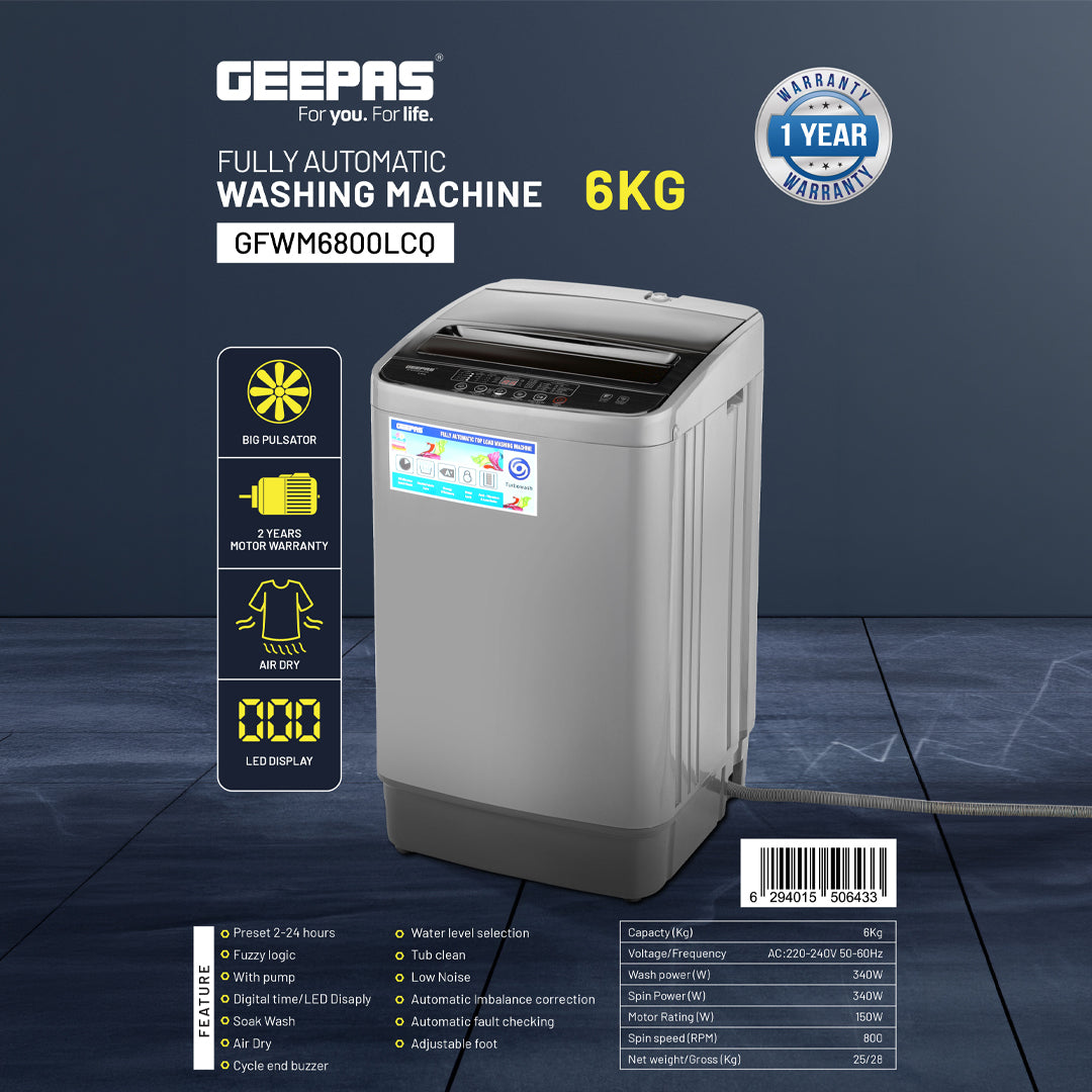 Geepas GFWM6800LCQ Fully Automatic Washing Machine | 6Kg Capacity| Big Pulsator| LED Display| Air Dry Function| Fuzzy Logic| Low Noise Operation | 2-Year Motor Warranty