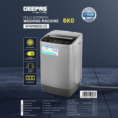 Geepas GFWM6800LCQ Fully Automatic Washing Machine | 6Kg Capacity| Big Pulsator| LED Display| Air Dry Function| Fuzzy Logic| Low Noise Operation | 2-Year Motor Warranty