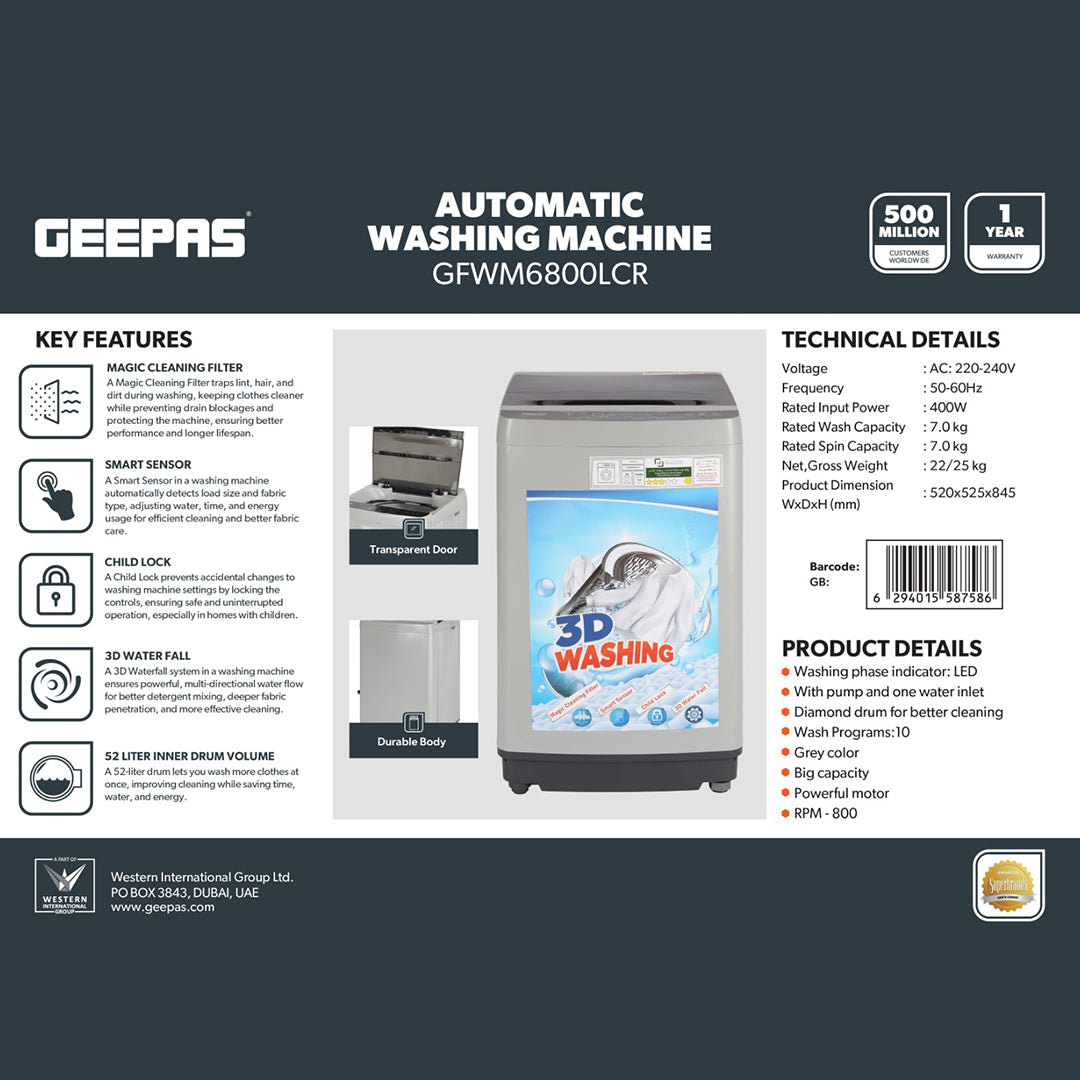 Geepas GFWM6800LCR Automatic Washing Machine | 7Kg Top Load Washer with 3D Waterfall | Smart Sensor| Magic Cleaning Filter| Diamond Drum & 10 Wash Programs| 800RPM Motor