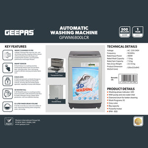 Geepas GFWM6800LCR Automatic Washing Machine | 7Kg Top Load Washer with 3D Waterfall | Smart Sensor| Magic Cleaning Filter| Diamond Drum & 10 Wash Programs| 800RPM Motor
