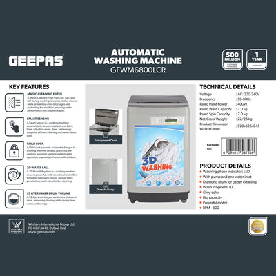Geepas GFWM6800LCR Automatic Washing Machine | 7Kg Top Load Washer with 3D Waterfall | Smart Sensor| Magic Cleaning Filter| Diamond Drum & 10 Wash Programs| 800RPM Motor