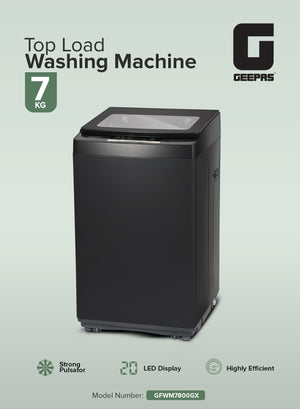 Geepas GFWM7800LCQ Fully Automatic Top Load Washing Machine 7KG - Stainless Steel Inner Basket - IMD Controls | Auto Off Memory Power with Auto Balancing |1 Year warranty