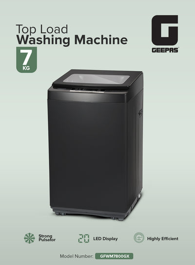 Geepas GFWM7800LCQ Fully Automatic Top Load Washing Machine 7KG - Stainless Steel Inner Basket - IMD Controls | Auto Off Memory Power with Auto Balancing |1 Year warranty