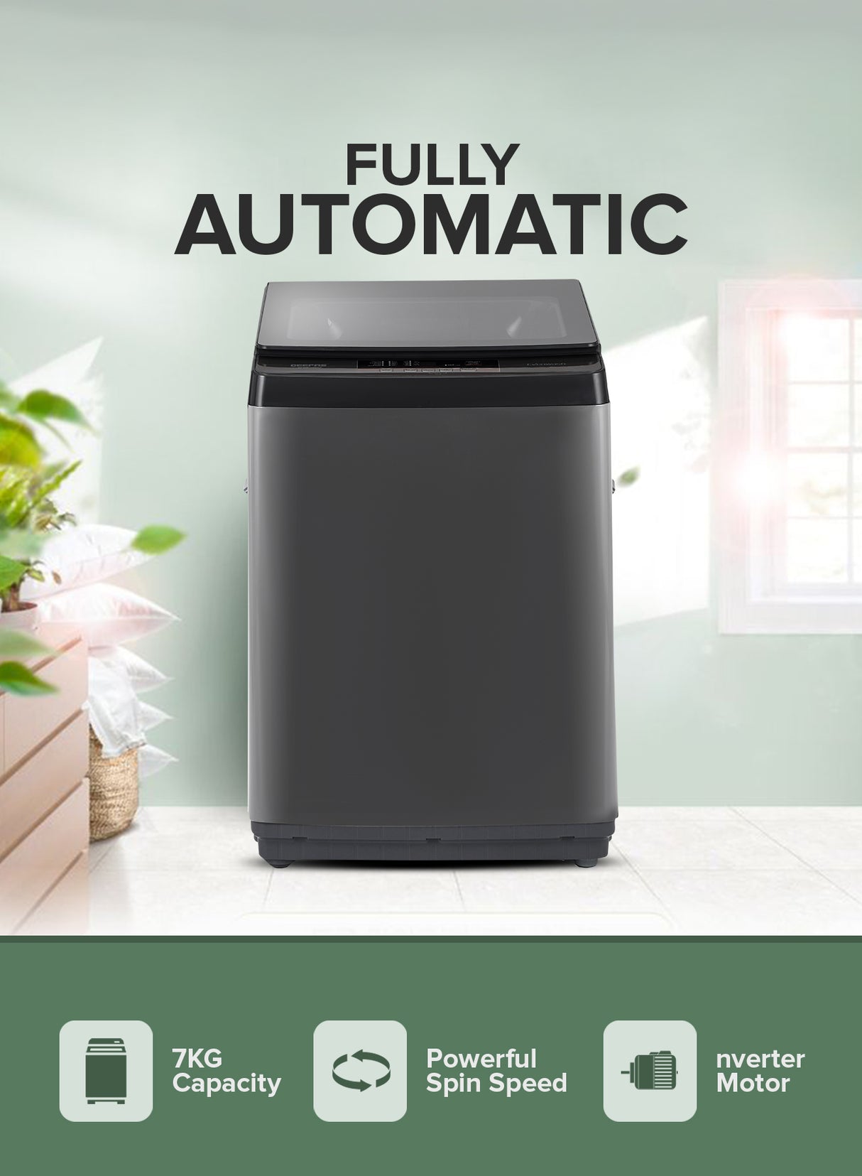 Geepas GFWM7800LCQ Fully Automatic Top Load Washing Machine 7KG - Stainless Steel Inner Basket - IMD Controls | Auto Off Memory Power with Auto Balancing |1 Year warranty