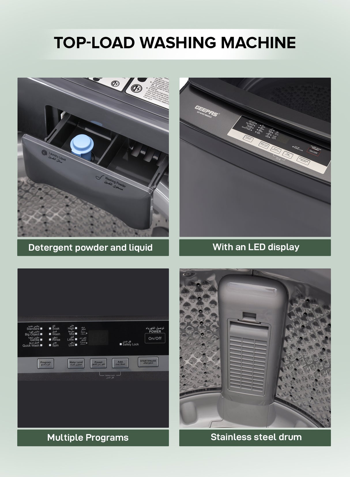 Geepas GFWM7800LCQ Fully Automatic Top Load Washing Machine 7KG - Stainless Steel Inner Basket - IMD Controls | Auto Off Memory Power with Auto Balancing |1 Year warranty