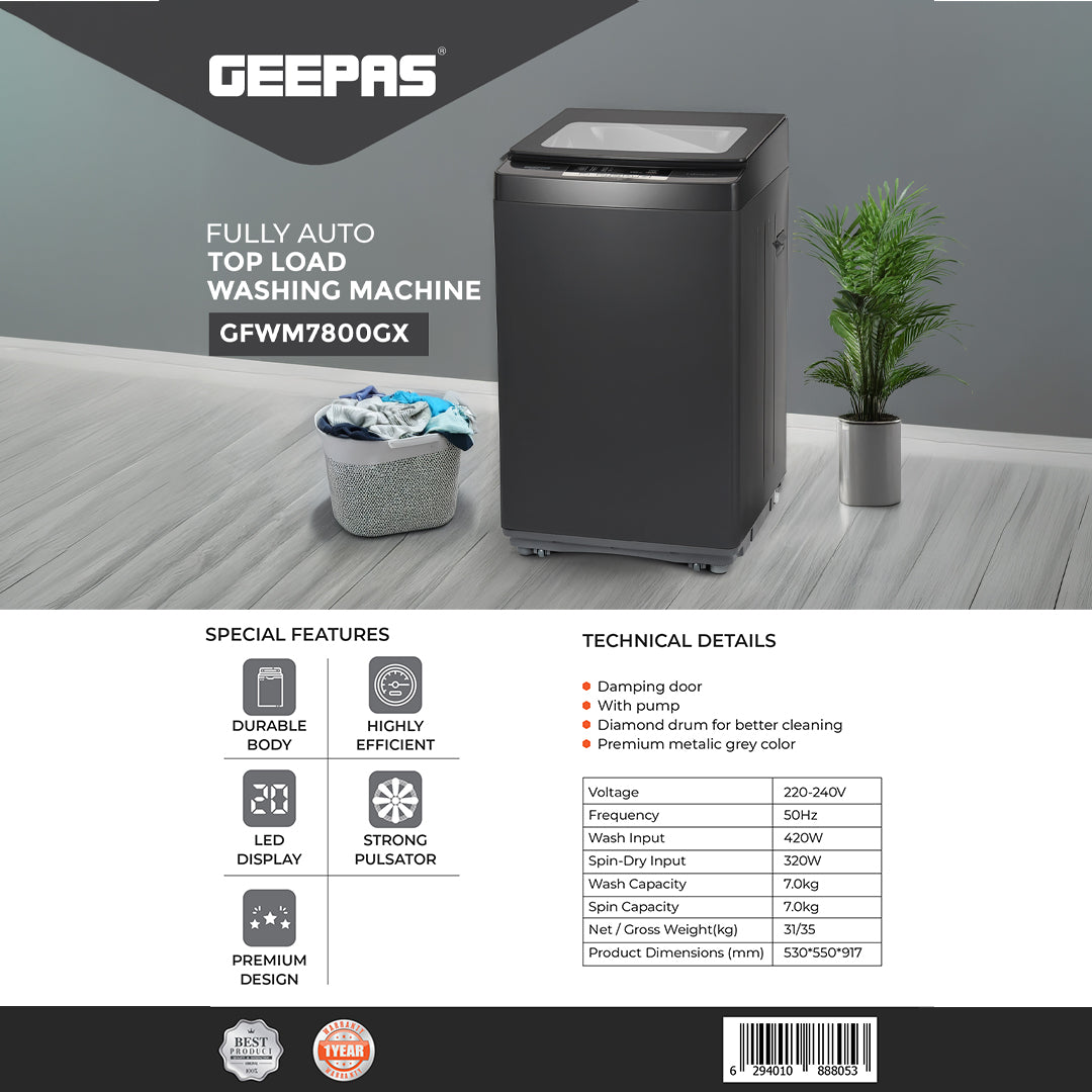 Geepas GFWM7800LCQ Fully Automatic Top Load Washing Machine | 7kg Capacity | 420W Wash Motor | LED Display | Diamond Drum | Premium Metallic Grey | 1-Year Warranty
