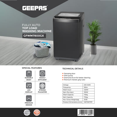 Geepas GFWM7800LCQ Fully Automatic Top Load Washing Machine | 7kg Capacity | 420W Wash Motor | LED Display | Diamond Drum | Premium Metallic Grey | 1-Year Warranty