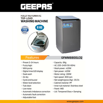 Geepas GFWM8800LCQ 8KG Fully Automatic Top Load Washing Machine | LED Display | Fuzzy Logic & 800 RPM | Powerful 420W Wash & Spin | Air Dry Function |Low Noise Operation