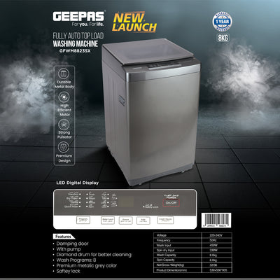 Geepas GFWM8823SX Fully Automatic Top Load Washing Machine | 8kg Capacity| 450W Wash Power| 8 Wash Programs| Diamond Drum| LED Display| Safety Lock| 1-Year Warranty
