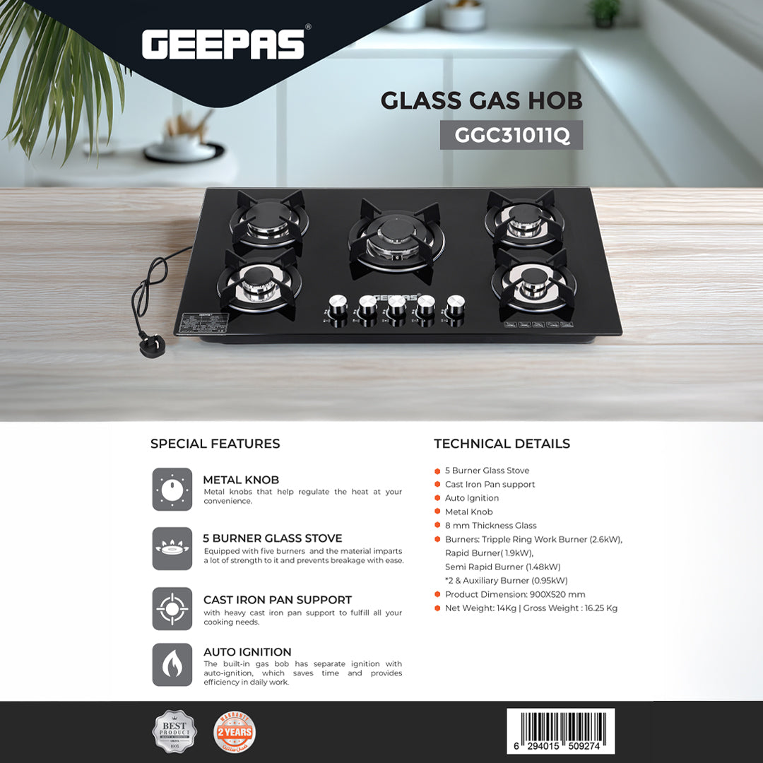Geepas Glass Gas Hob GGC31011 | 5 Burner Gas Stove with Auto Ignition| Toughened Glass Surface| Cast Iron Pan Support & Powerful Triple Ring Wok Burner| 2 Years Warranty