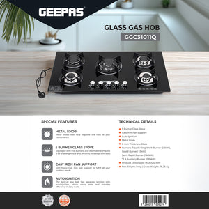 Geepas Glass Gas Hob GGC31011 | 5 Burner Gas Stove with Auto Ignition| Toughened Glass Surface| Cast Iron Pan Support & Powerful Triple Ring Wok Burner| 2 Years Warranty